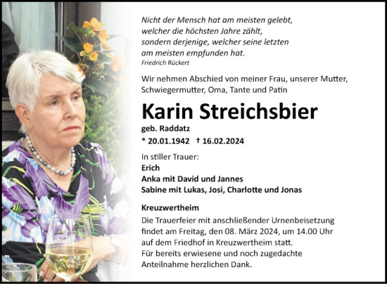 Traueranzeige von Karin Streichsbier von Fränkische Nachrichten