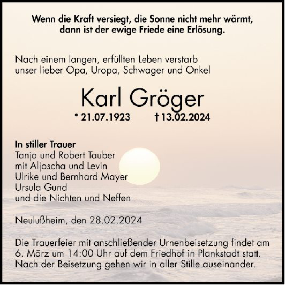  Traueranzeige für Karl Gröger vom 28.02.2024 aus Schwetzinger Zeitung