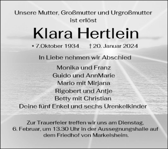 Traueranzeige von Klara Hertlein von Fränkische Nachrichten