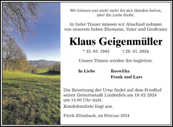 Traueranzeige von Klaus Geigenmüller von Bergsträßer Anzeiger