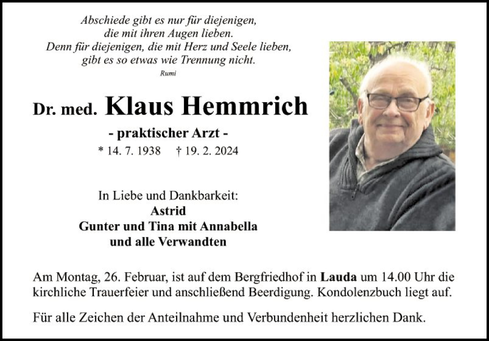  Traueranzeige für Klaus Hemmrich vom 23.02.2024 aus Fränkische Nachrichten
