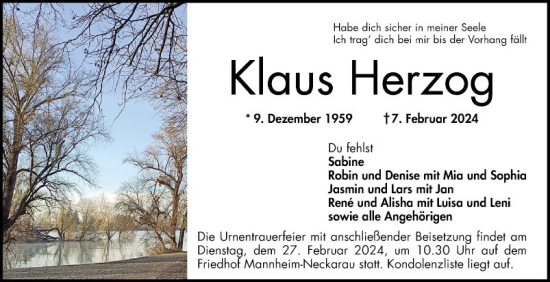 Traueranzeige von Klaus Herzog von Mannheimer Morgen