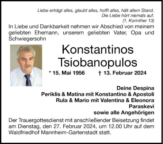 Traueranzeige von Konstantinos Tsiobanopulos von Mannheimer Morgen