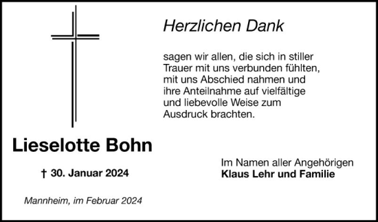 Traueranzeige von Lieselotte Bohn von Mannheimer Morgen