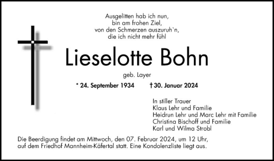 Traueranzeige von Lieselotte Bohn von Mannheimer Morgen