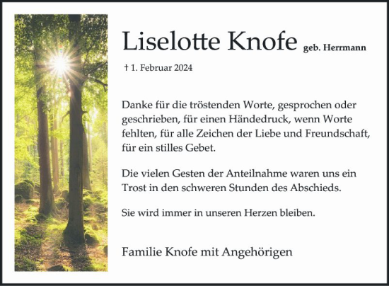 Traueranzeige von Lieselotte Knofe von Mannheimer Morgen