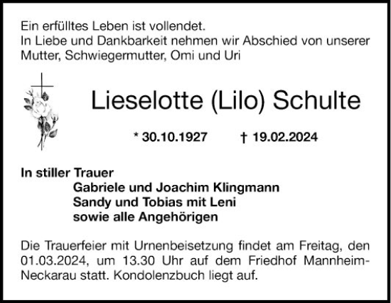 Traueranzeige von Lieselotte Schulte von Mannheimer Morgen