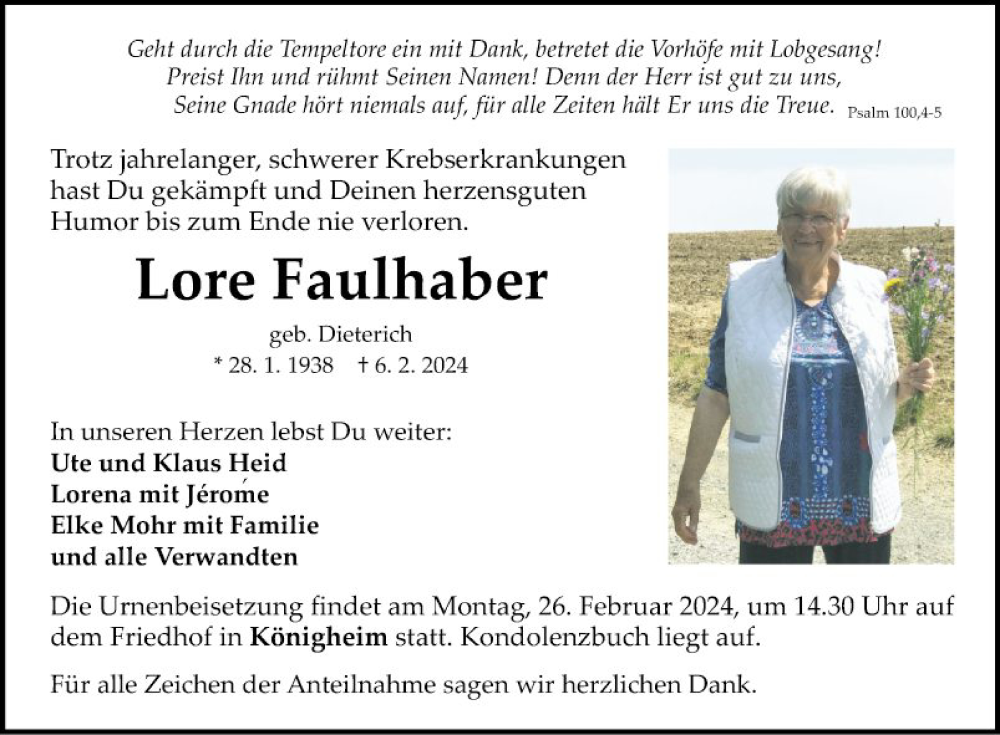  Traueranzeige für Lore Faulhaber vom 20.02.2024 aus Fränkische Nachrichten