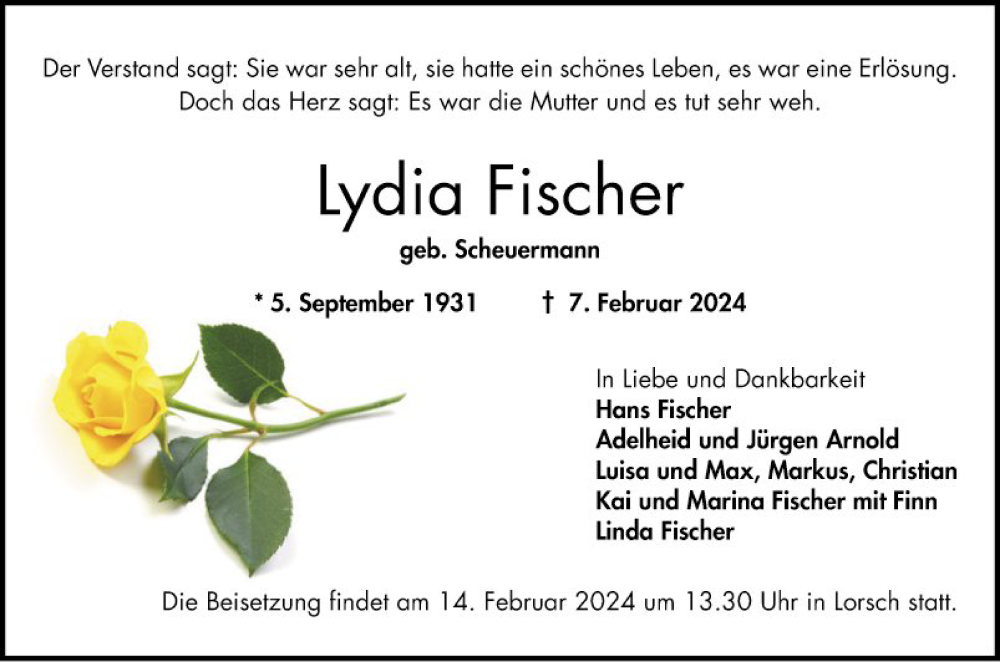  Traueranzeige für Lydia Fischer vom 10.02.2024 aus Bergsträßer Anzeiger