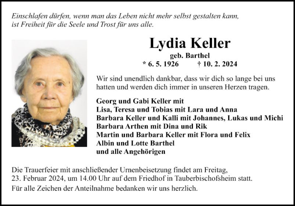  Traueranzeige für Lydia Keller vom 17.02.2024 aus Fränkische Nachrichten