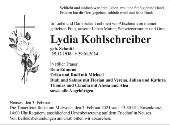 Traueranzeige von Lydia Kohlschreiber von Fränkische Nachrichten