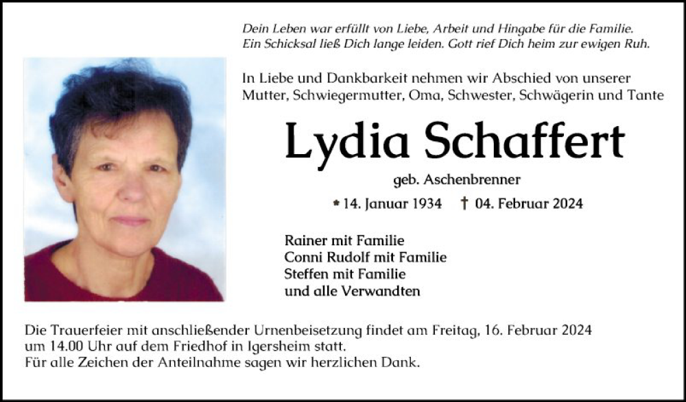  Traueranzeige für Lydia Schaffert vom 13.02.2024 aus Fränkische Nachrichten