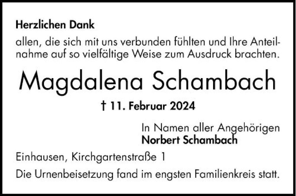  Traueranzeige für Magdalena Schambach vom 24.02.2024 aus Bergsträßer Anzeiger