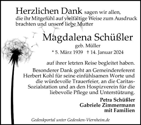 Traueranzeige von Magdalena Schüßler von Mannheimer Morgen