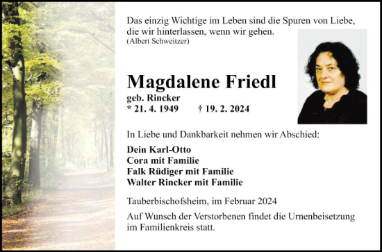 Traueranzeige von Magdalene Friedl von Fränkische Nachrichten