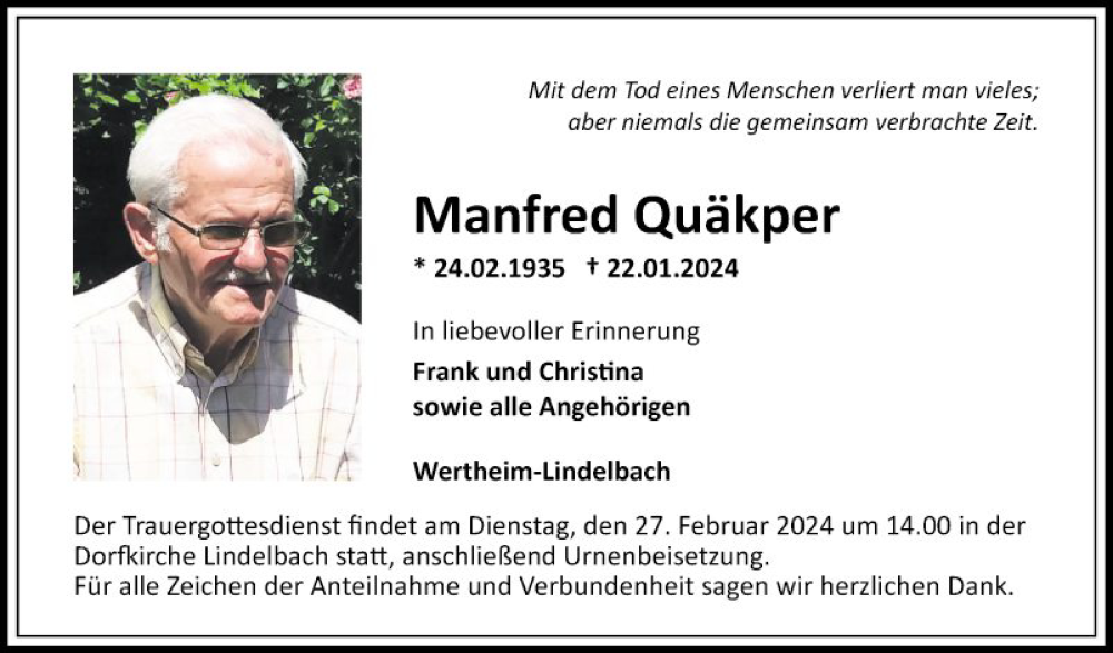  Traueranzeige für Manfred Quäkper vom 24.02.2024 aus Fränkische Nachrichten