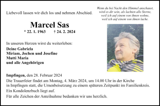 Traueranzeige von Marcel Sas von Fränkische Nachrichten