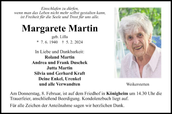 Traueranzeige von Margarete Martin von Fränkische Nachrichten