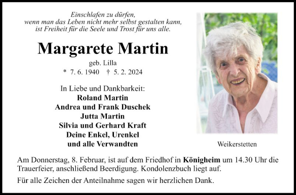 Traueranzeige für Margarete Martin vom 07.02.2024 aus Fränkische Nachrichten