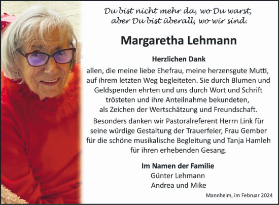 Traueranzeige von Margaretha Lehmann von Mannheimer Morgen