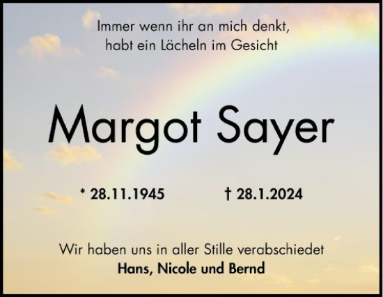 Traueranzeige von Margot Sayer von Schwetzinger Zeitung
