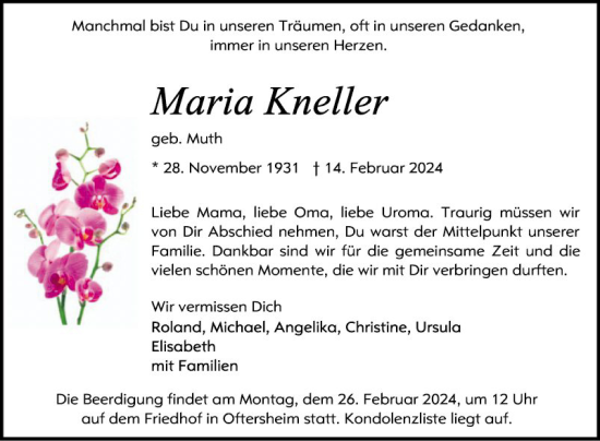 Traueranzeige von Maria Kneller von Schwetzinger Zeitung