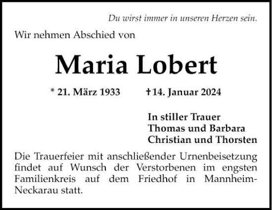Traueranzeige von Maria Lobert von Mannheimer Morgen