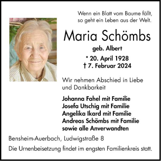 Traueranzeige von Maria Schömbs von Bergsträßer Anzeiger
