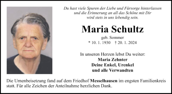 Traueranzeige von Maria Schultz von Fränkische Nachrichten