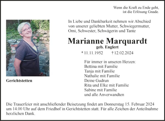 Traueranzeige von Marianne Marquardt von Fränkische Nachrichten