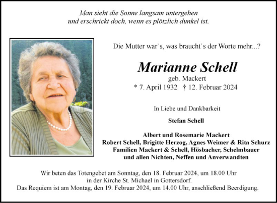 Traueranzeige von Marianne Schell von Fränkische Nachrichten