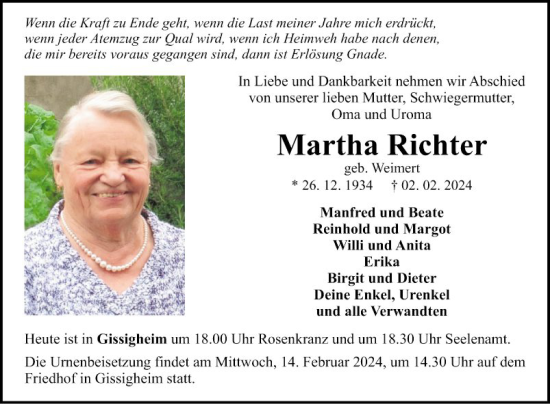 Traueranzeige von Martha Richter von Fränkische Nachrichten