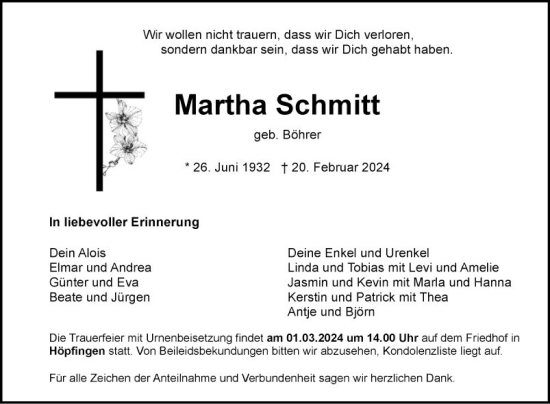 Traueranzeige von Martha Schmitt von Fränkische Nachrichten
