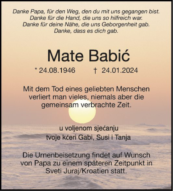 Traueranzeige von Mate Babic von Mannheimer Morgen