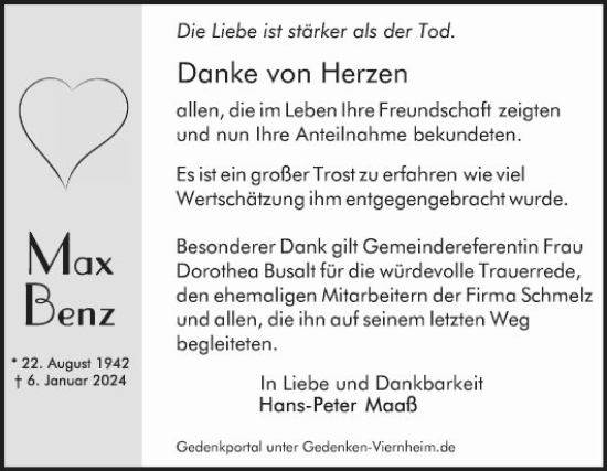 Traueranzeige von Max Benz von Mannheimer Morgen