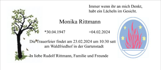 Traueranzeige von Monika Rittmann von Mannheimer Morgen