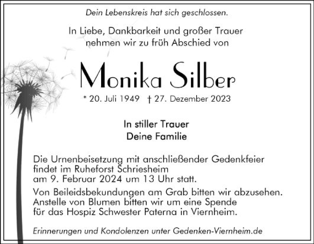  Traueranzeige für Monika Silber vom 03.02.2024 aus Bergsträßer Anzeiger
