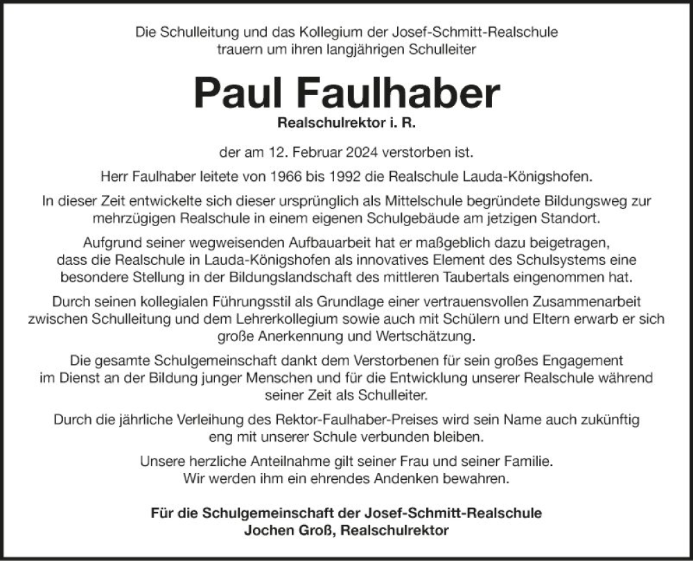  Traueranzeige für Paul Faulhaber vom 24.02.2024 aus Fränkische Nachrichten