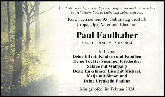 Traueranzeige von Paul Faulhaber von Fränkische Nachrichten