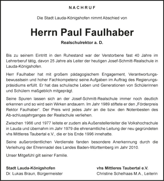 Traueranzeige von Paul Faulhaber von Fränkische Nachrichten