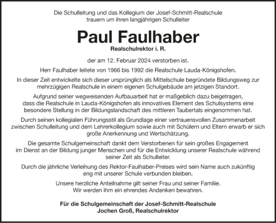 Traueranzeige von Paul Faulhaber von Fränkische Nachrichten