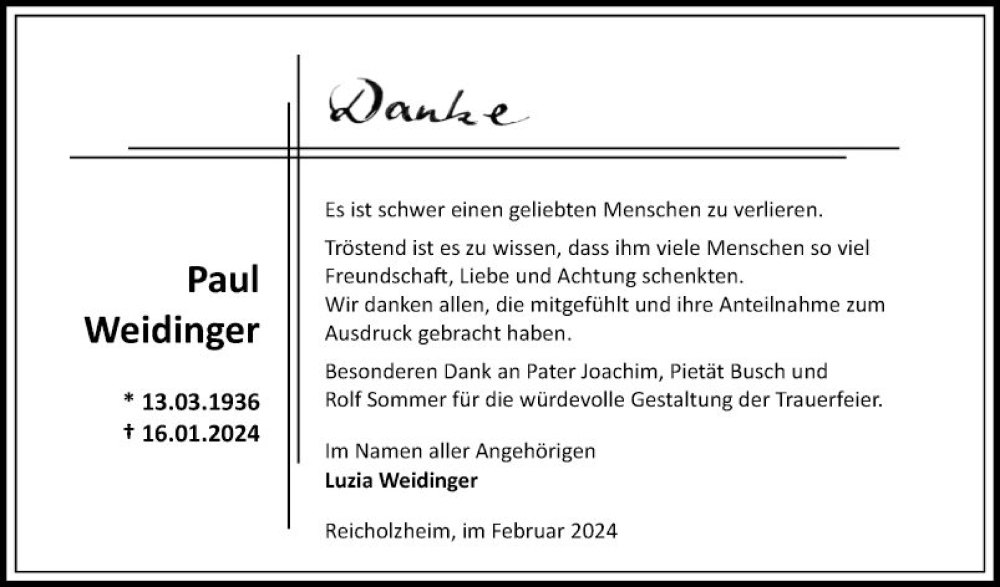  Traueranzeige für Paul Weidinger vom 10.02.2024 aus Fränkische Nachrichten