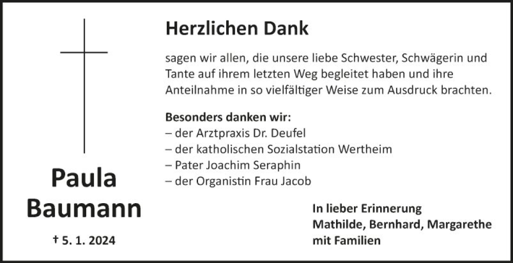  Traueranzeige für Paula Baumann vom 09.02.2024 aus Fränkische Nachrichten