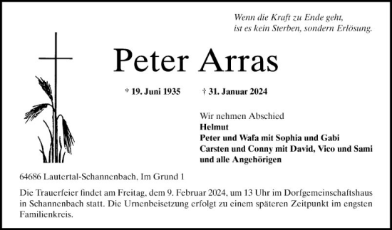 Traueranzeige von Peter Arras von Bergsträßer Anzeiger