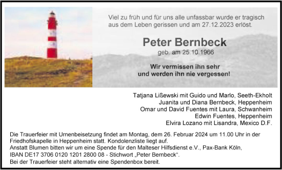 Traueranzeige von Peter Bernbeck von Bergsträßer Anzeiger