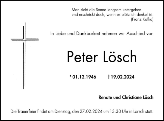 Traueranzeige von Peter Lösch von Bergsträßer Anzeiger