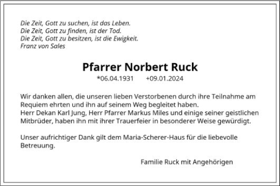 Traueranzeige von Pfarrer Norbert Ruck von Mannheimer Morgen