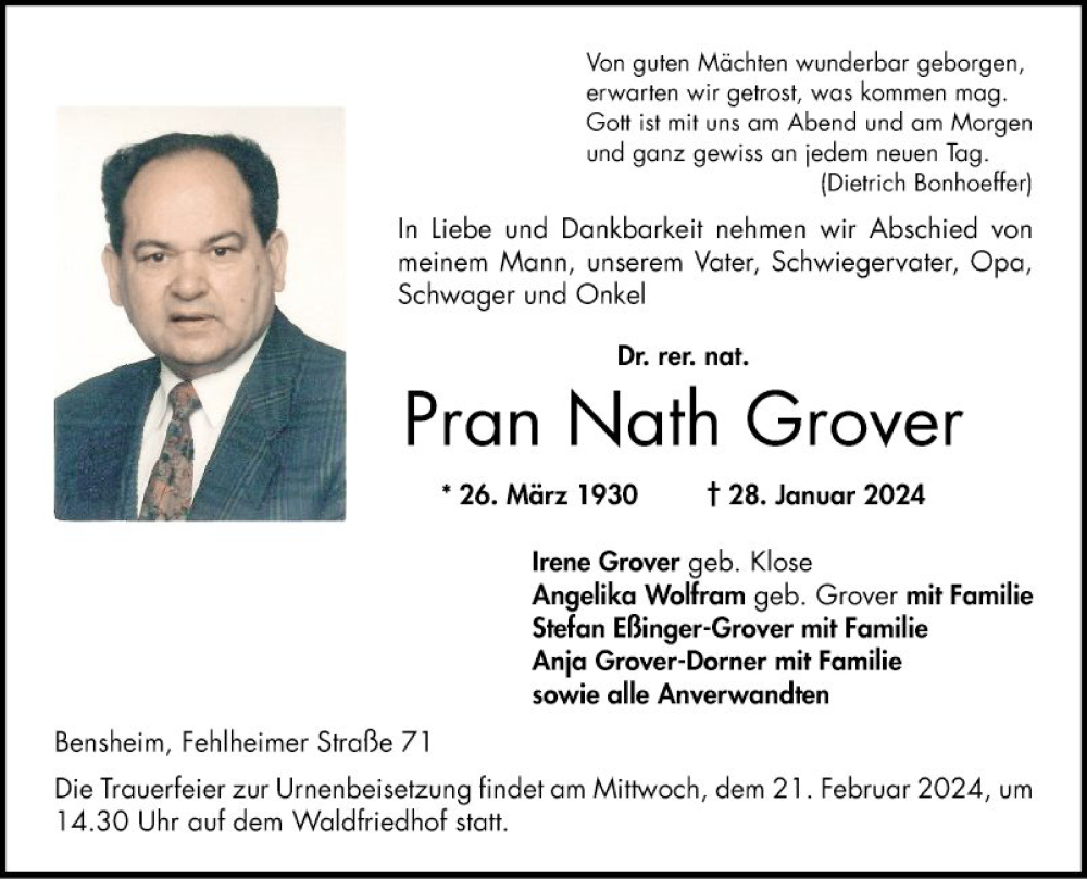  Traueranzeige für Pran Nath Grover vom 17.02.2024 aus Bergsträßer Anzeiger