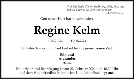 Traueranzeige von Regine Kelm von Mannheimer Morgen