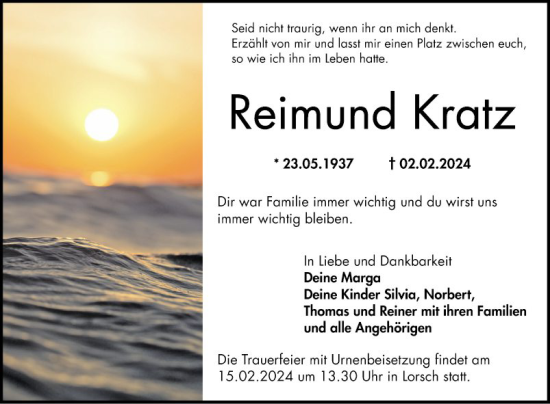 Traueranzeige von Reimund Kratz von Bergsträßer Anzeiger